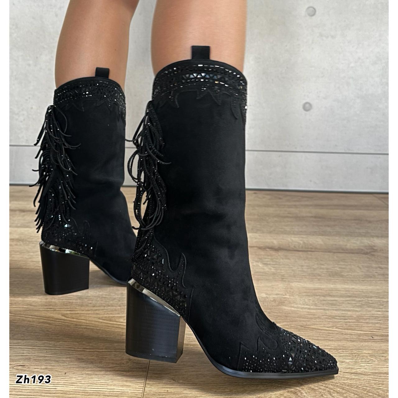 Bota texana negro apliques brillantes flecos tacon 8cm HX3151-B9540